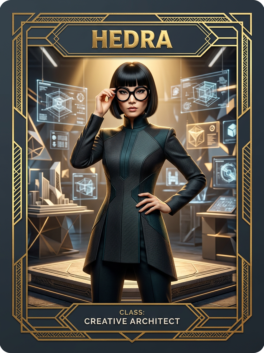 Edna, the creative architect, in a futuristic design studio