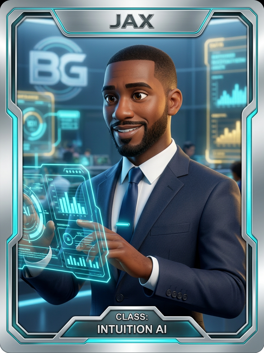 Jax, the AI executive, working with a holographic data interface