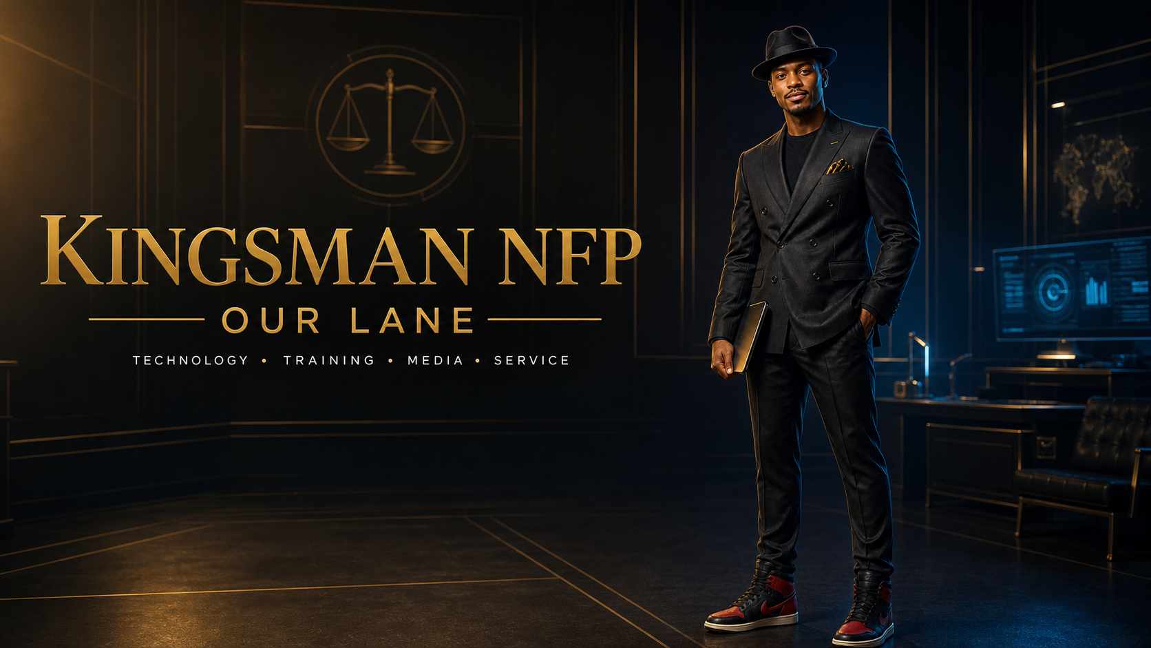 Kingsman NFP ambassador standing in a black and gold technology command room